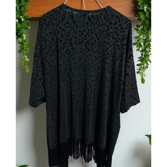 Shannon Ford Cardigan 1X Black Velvet Burnout Witchy Animal Print Fringe Kimono - Picture 3 of 6